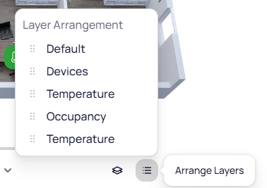 Layer Arrangement panel showing a draggable list of layers including Default, Devices, Temperature, and Occupancy
