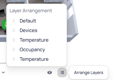 Layer Arrangement panel showing a draggable list of layers including Default, Devices, Temperature, and Occupancy