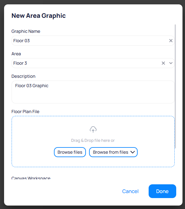 New Area Graphic creation dialog with fields for graphic name, area, description, and floor plan file upload
