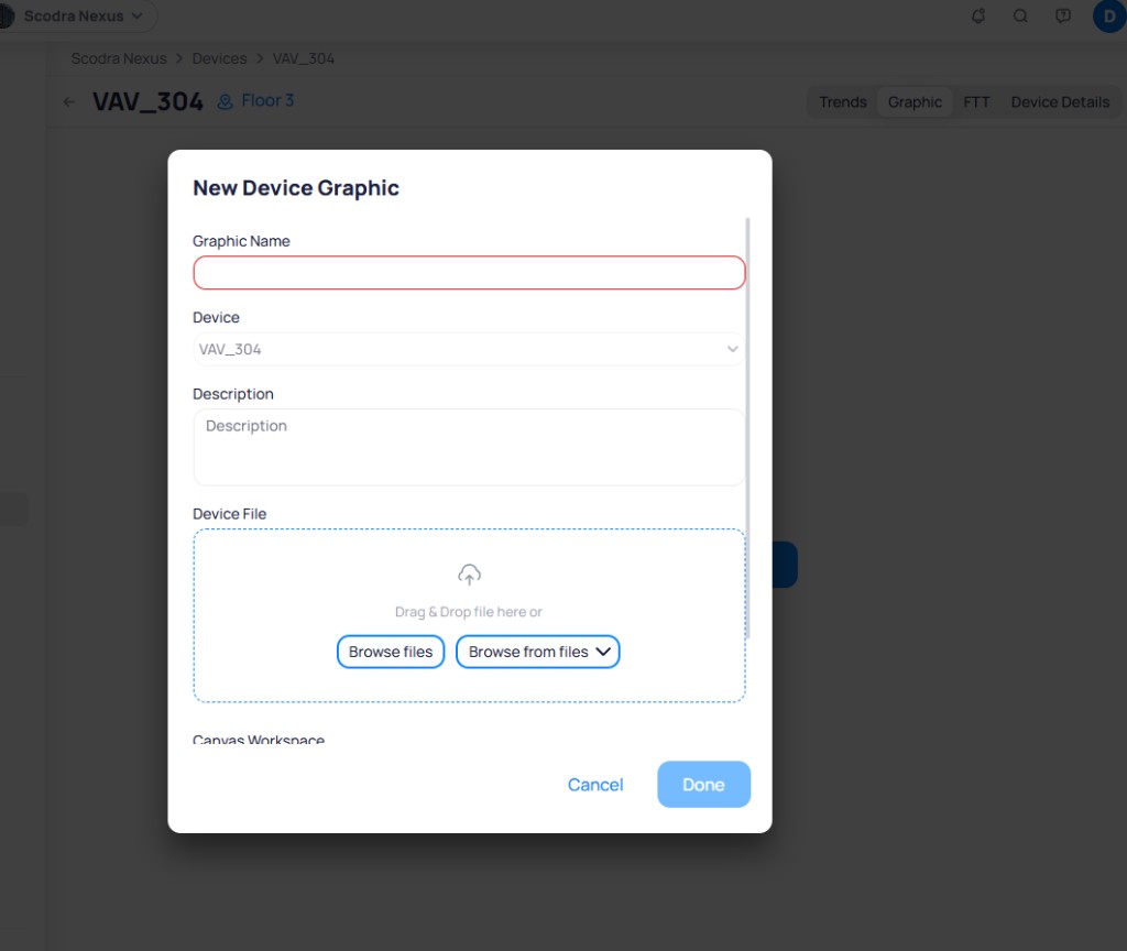 New Device Graphic dialog with fields for Graphic Name, Device dropdown showing VAV_304, Description, and a Device File drag-and-drop upload area