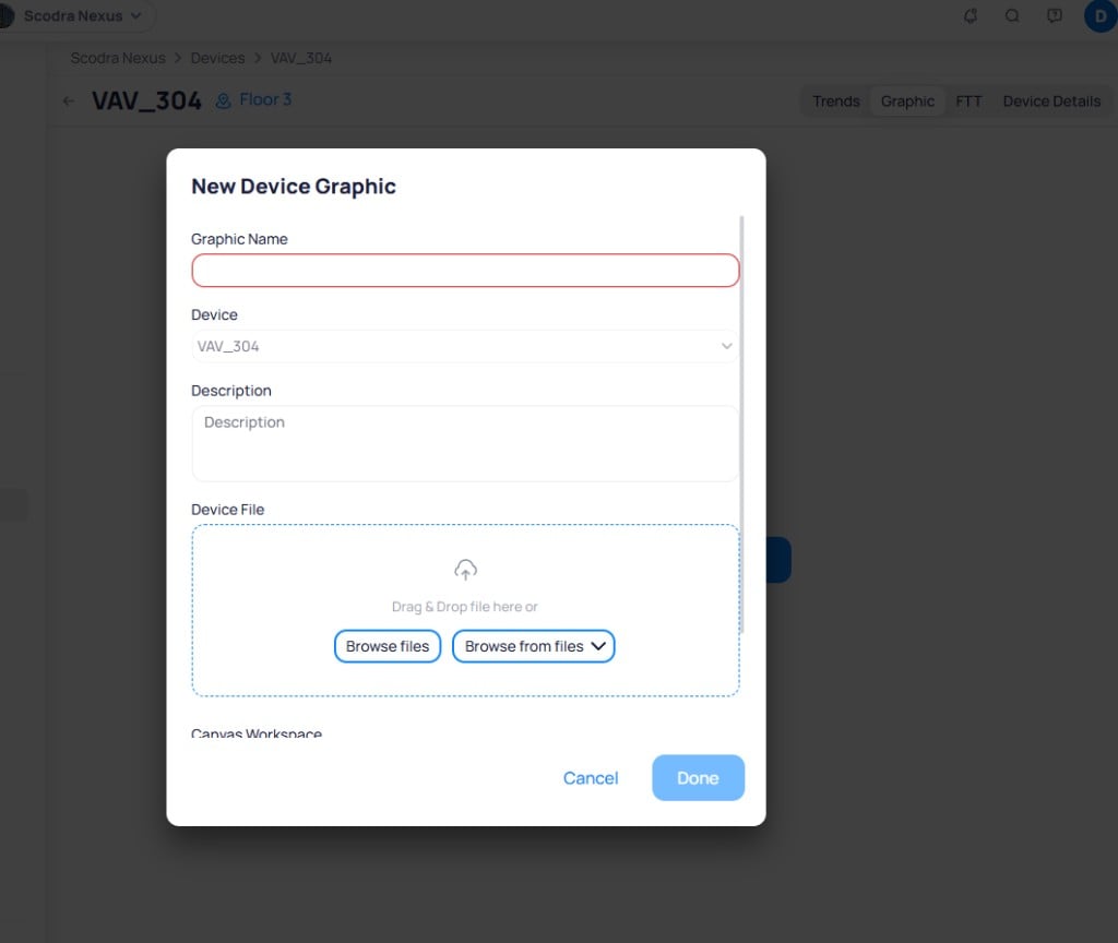 New Device Graphic dialog with fields for Graphic Name, Device dropdown showing VAV_304, Description, and a Device File drag-and-drop upload area