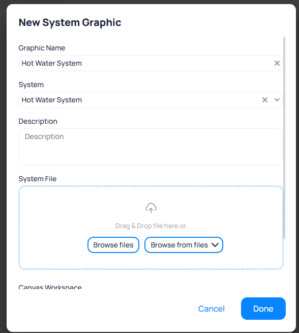 New System Graphic dialog with fields for Graphic Name, System dropdown, Description, and a System File drag-and-drop upload area