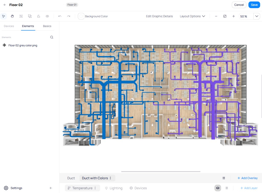 Floor plan with blue and purple duct overlays showing supply and return duct routing across the building