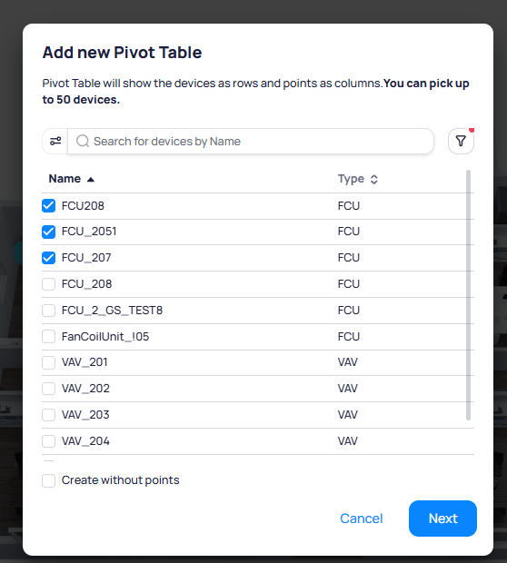 Add new Pivot Table dialog showing a searchable device list with checkboxes to select devices as rows, with a 50 device limit