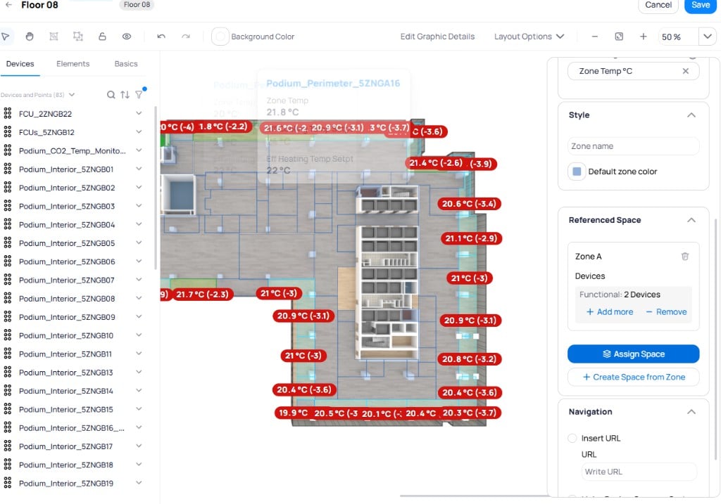 Zone configuration panel showing Referenced Space with Assign Space and Create Space from Zone buttons and device link options