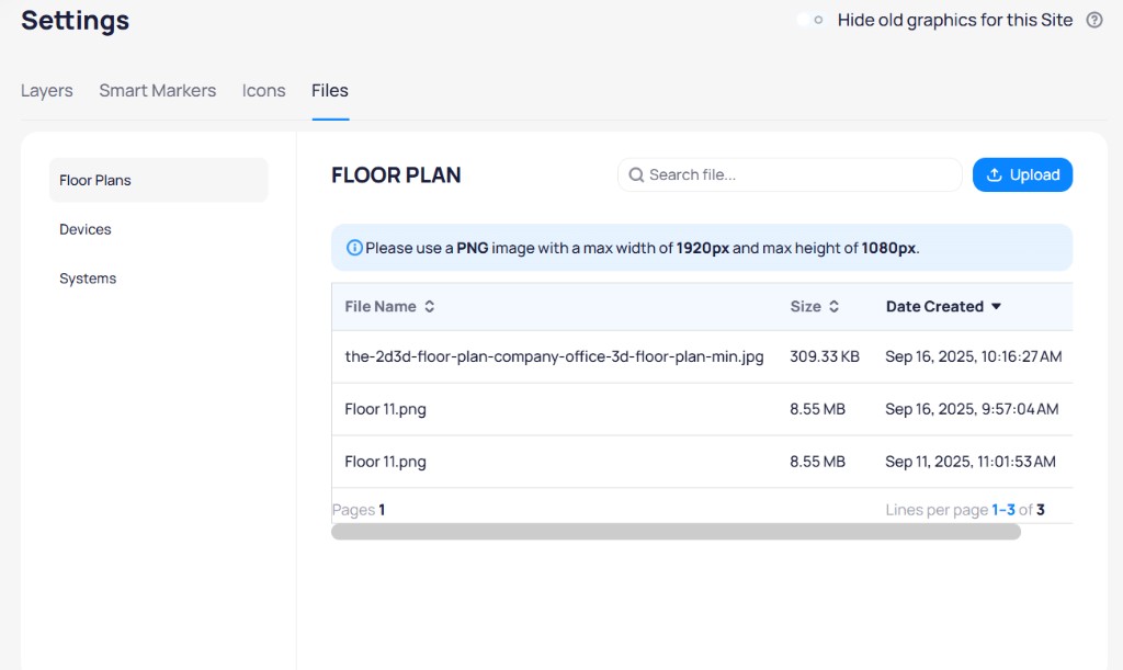 Files settings showing the Floor Plans category with a list of uploaded files, file sizes, and creation dates