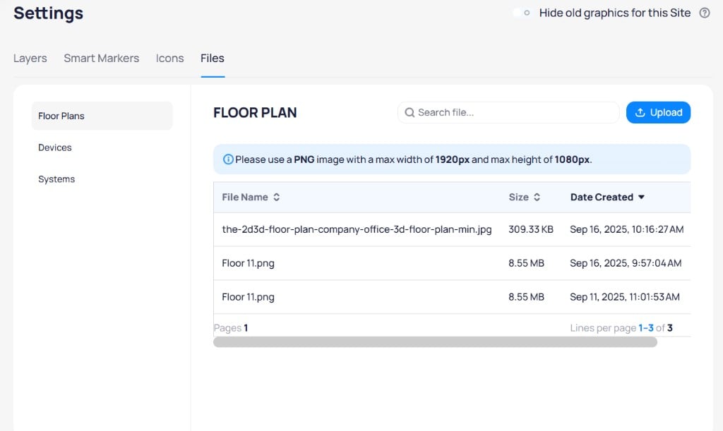 Files settings showing the Floor Plans category with a list of uploaded files, file sizes, and creation dates