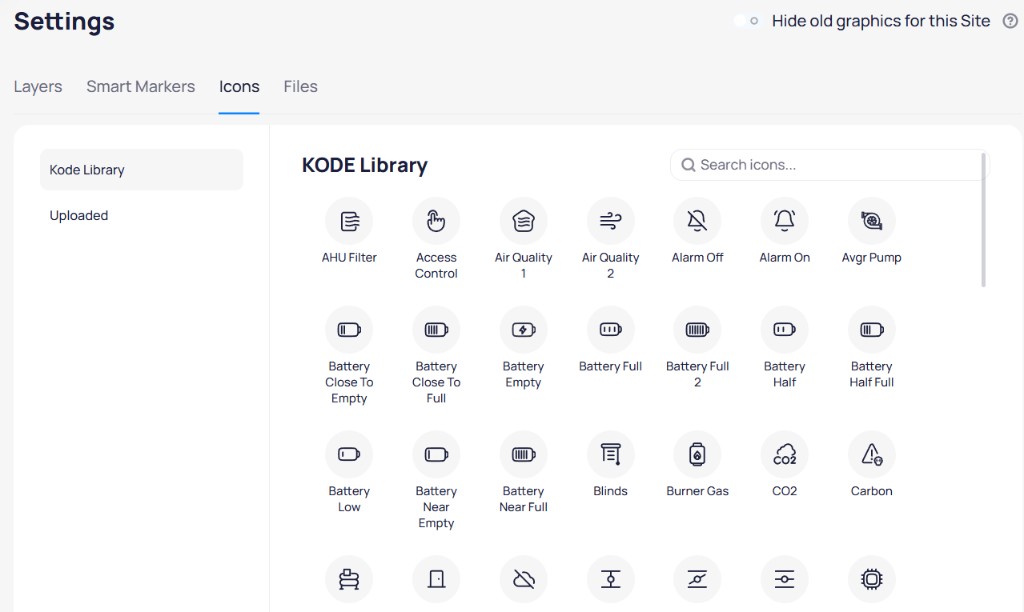 Icons settings showing the KODE Library with a searchable grid of built-in icons including AHU Filter, Air Quality, Alarm, Battery, CO2, and more