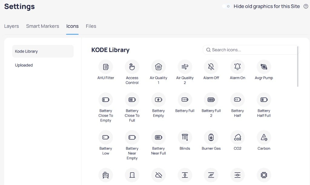 Icons settings showing the KODE Library with a searchable grid of built-in icons including AHU Filter, Air Quality, Alarm, Battery, CO2, and more