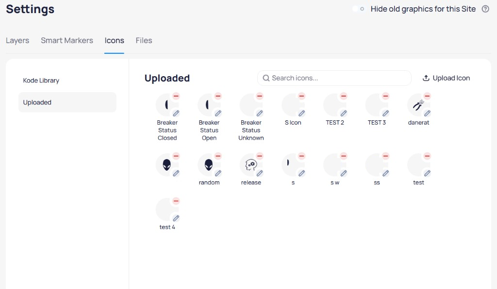 Icons settings showing the Uploaded section with custom organization icons and an Upload Icon button