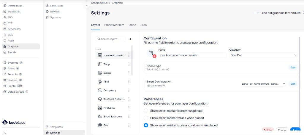 Layer settings page showing a configured layer with name, category, device type, smart configuration, and preferences for marker display