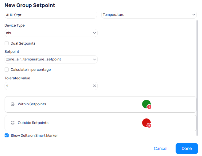 New Group Setpoint dialog with fields for name, category, device type, dual setpoints, setpoint field, tolerance, and within/outside setpoint color configuration