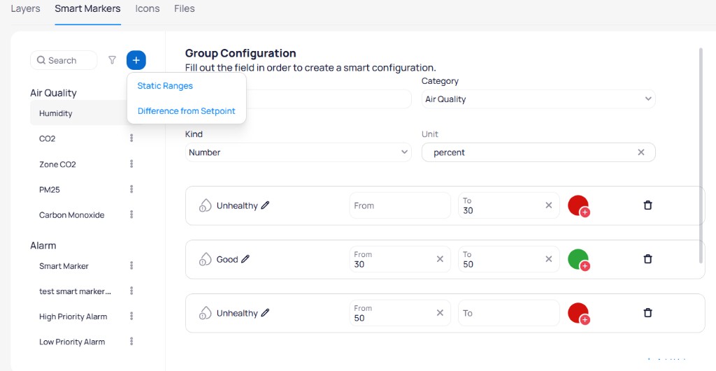 Smart Markers settings showing Static Ranges and Difference from Setpoint options, a category sidebar with configurations, and value range definitions with colors