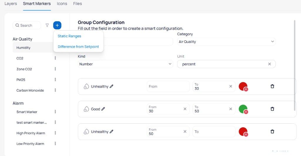 Smart Markers settings showing Static Ranges and Difference from Setpoint options, a category sidebar with configurations, and value range definitions with colors