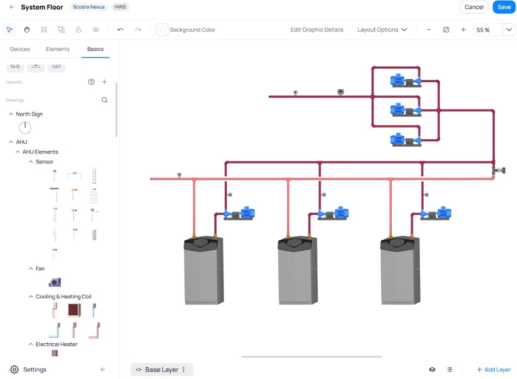 Graphic Tool showing the Basics tab with Uploads section, and Drawings organized by category including North Sign, AHU Elements with Sensor and Fan subcategories, Cooling and Heating Coil, and Electrical Heater