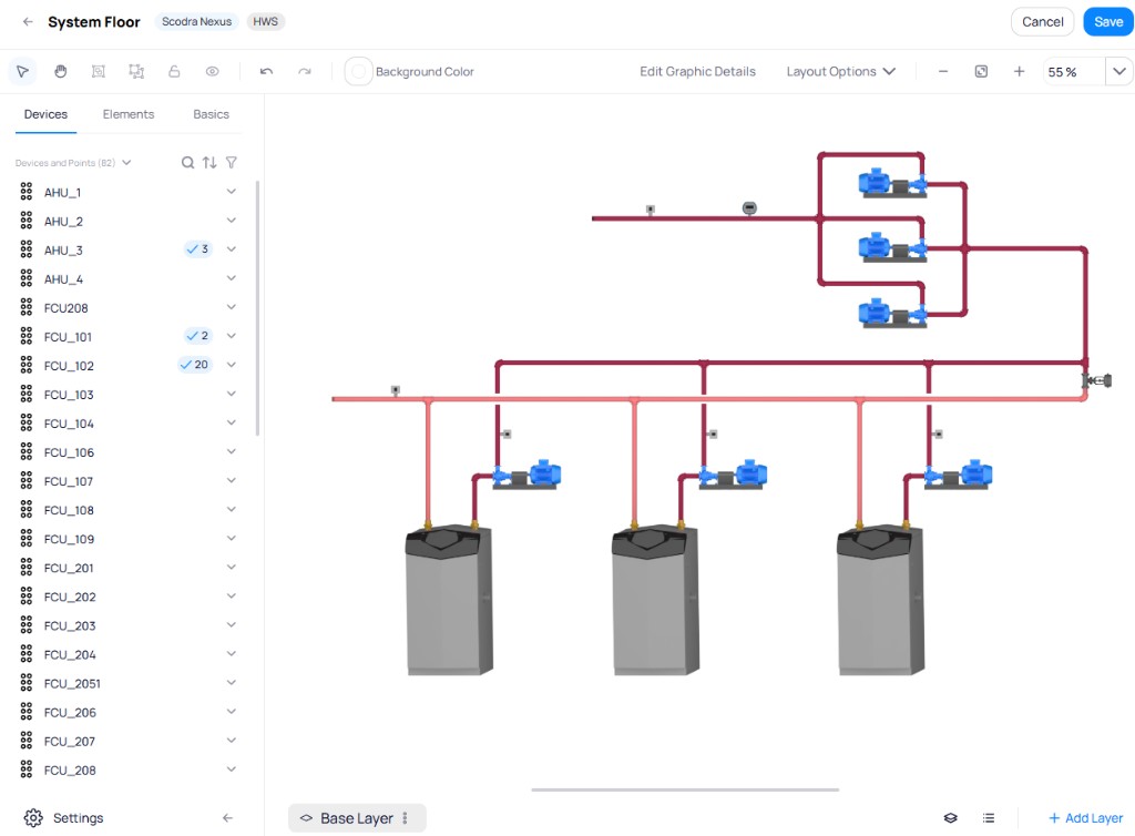 Graphic Tool editor showing the Devices tab with a list of devices including AHU_1 through FCU_208, and a system piping schematic on the canvas
