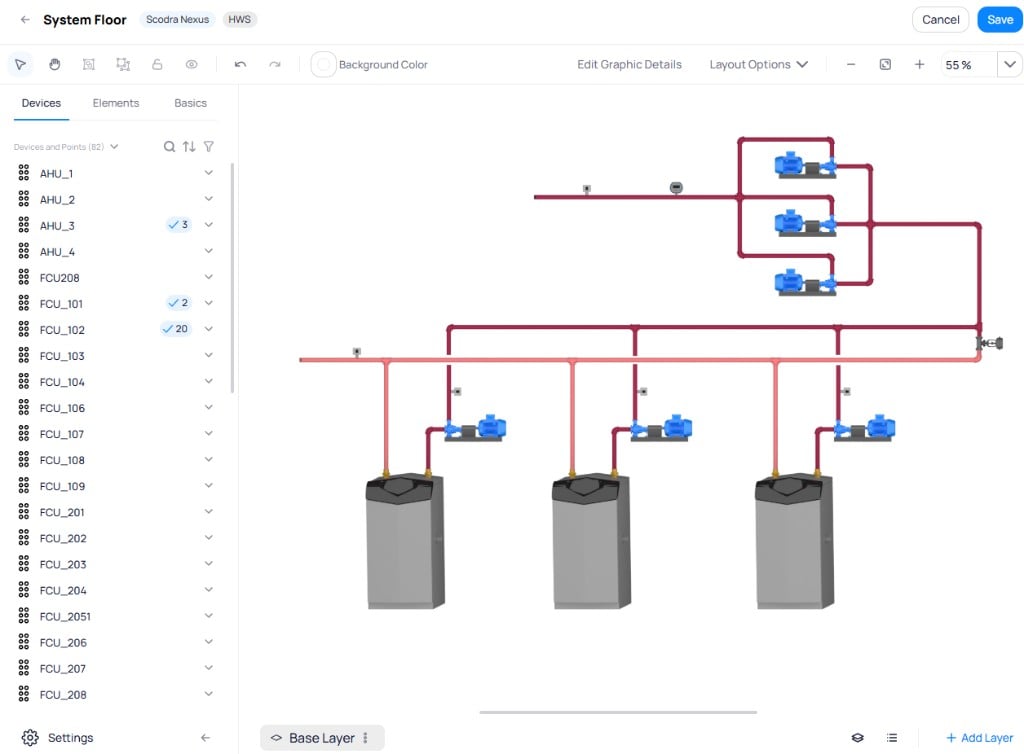 Graphic Tool editor showing the Devices tab with a list of devices including AHU_1 through FCU_208, and a system piping schematic on the canvas