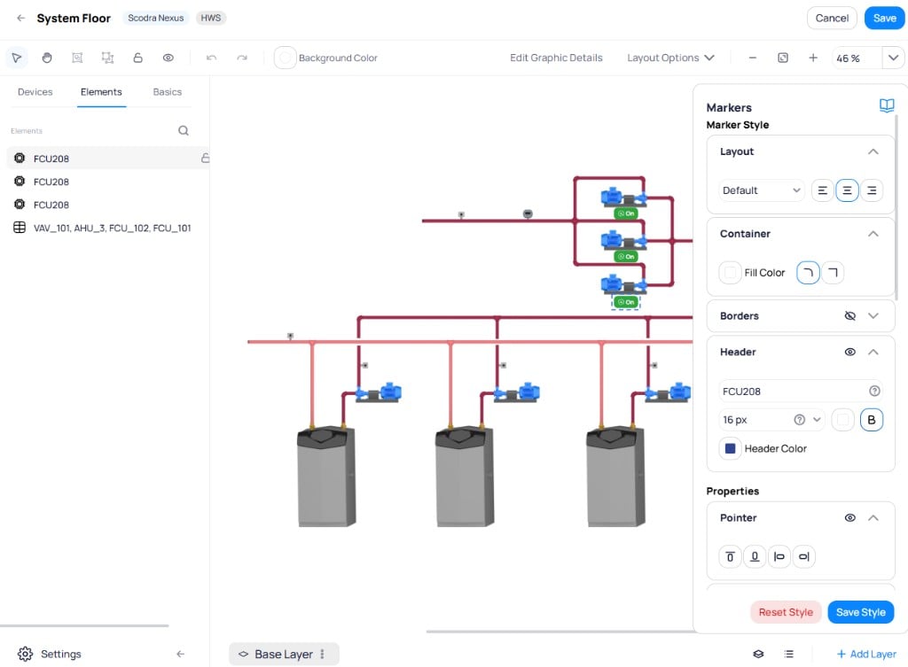 Graphic Tool showing the Elements tab with FCU208 entries and a table element listed, the system schematic on the canvas, and the Marker Style panel with Layout, Container, Borders, Header, and Pointer options