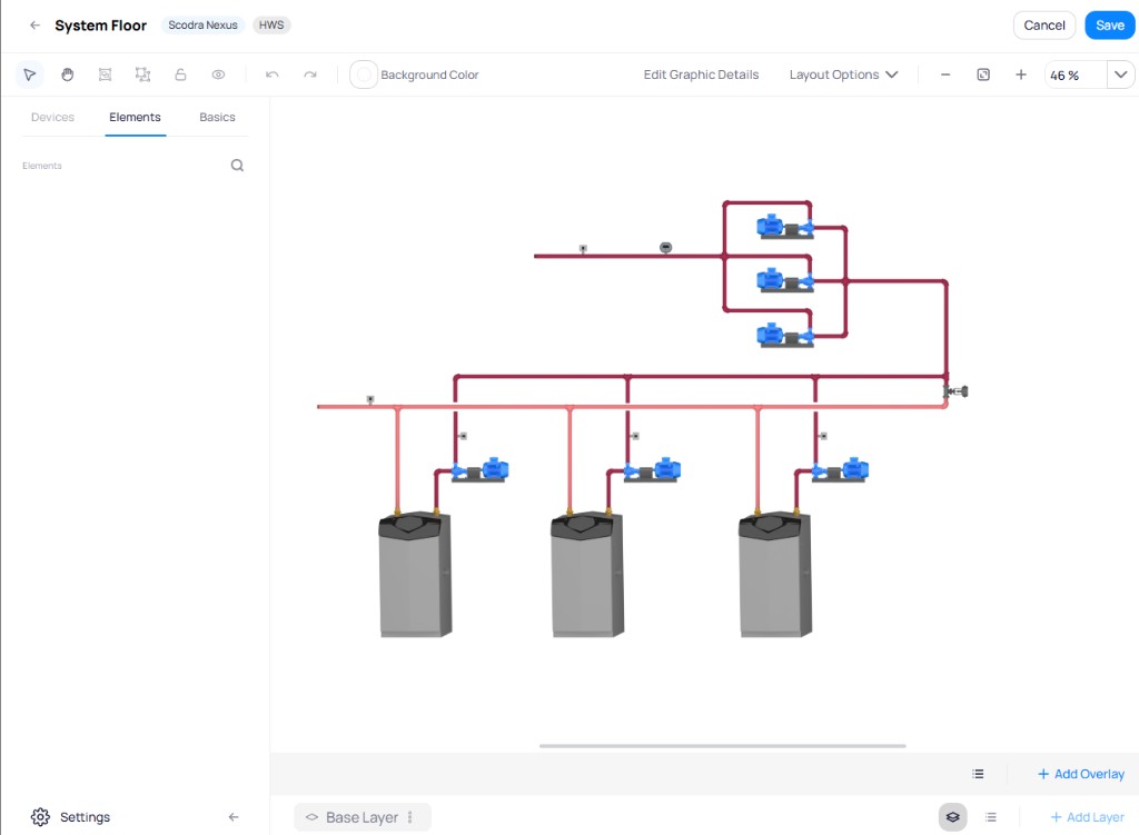 Graphic Tool showing the system schematic with the Base Layer selector, Add Layer, and Add Overlay options at the bottom of the canvas