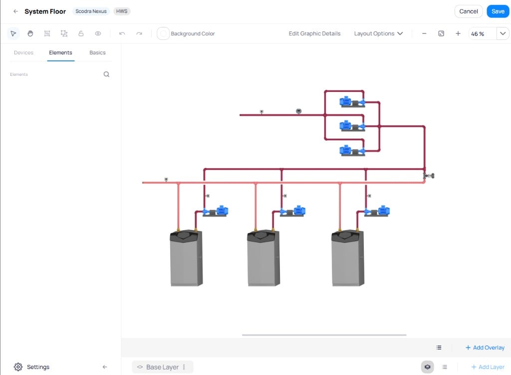 Graphic Tool showing the system schematic with the Base Layer selector, Add Layer, and Add Overlay options at the bottom of the canvas