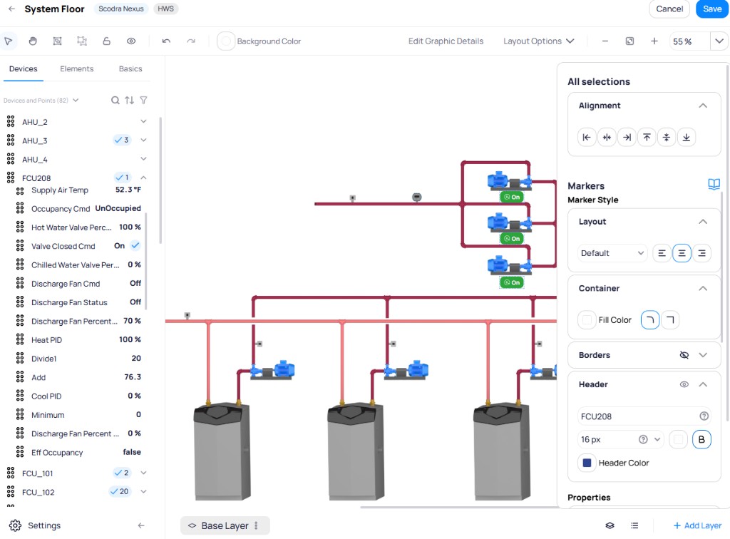 Graphic Tool showing FCU208 device expanded with point values on the left, system schematic with On status markers in the center, and marker style options including Alignment, Layout, Container, Borders, and Header on the right