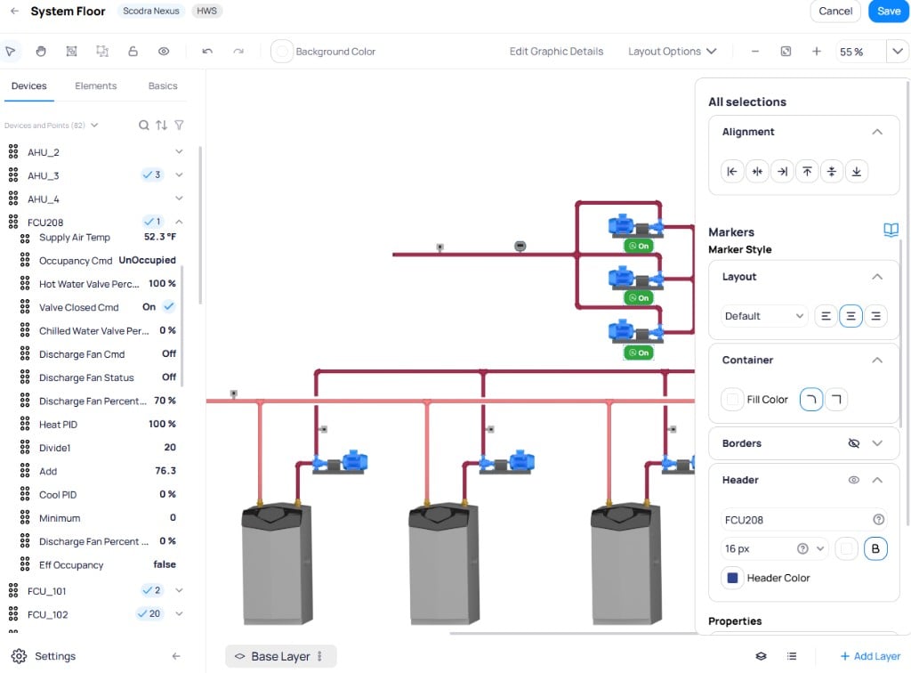 Graphic Tool showing FCU208 device expanded with point values on the left, system schematic with On status markers in the center, and marker style options including Alignment, Layout, Container, Borders, and Header on the right