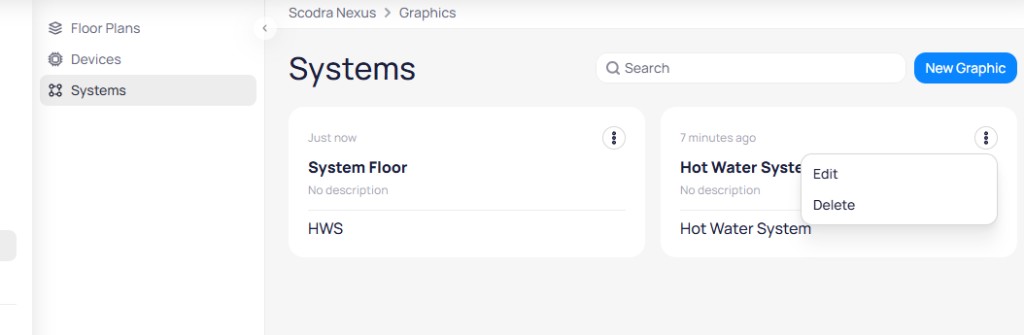 Graphics module Systems tab showing two system graphic cards with a three-dot menu expanded on Hot Water System showing Edit and Delete options