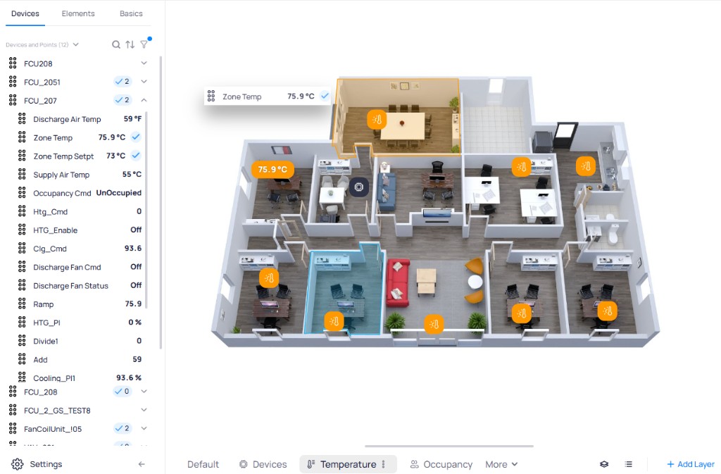 Graphic Tool in Temperature layer view showing expanded device points and orange smart markers displaying temperature values on the floor plan
