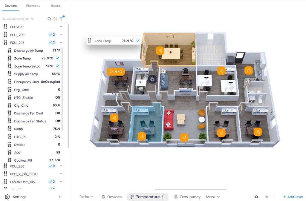 Graphic Tool in Temperature layer view showing expanded device points and orange smart markers displaying temperature values on the floor plan