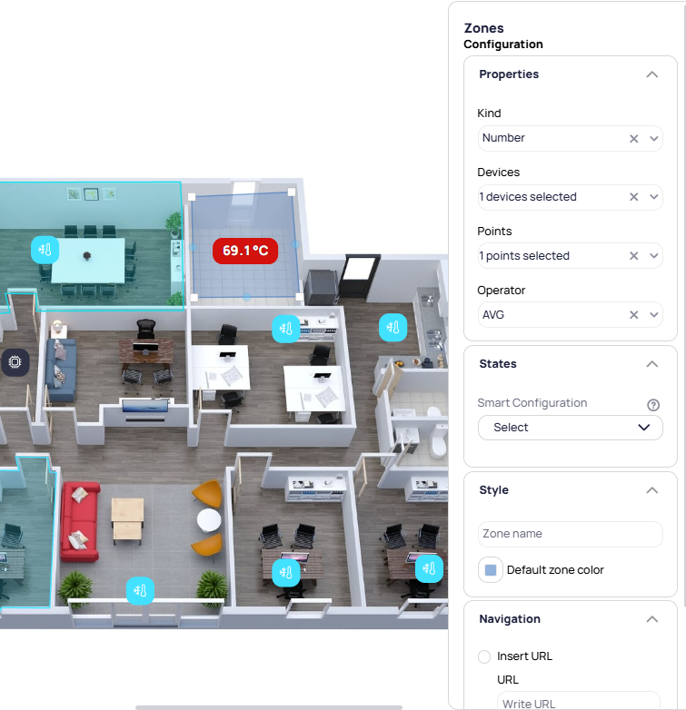 Zones Configuration panel with Properties, States, Style, and Navigation sections for a selected zone on a floor plan