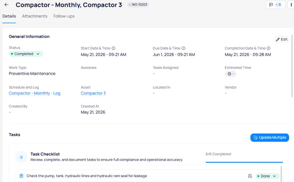 Work order Details tab in Cloud BMS showing Completed status, Schedule and Log link, Asset link, and Tasks with 6 of 6 completed