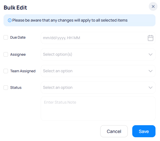 Bulk Edit modal with warning banner and checkboxes for Due Date, Assignee, Team Assigned, and Status with Enter Status Note field