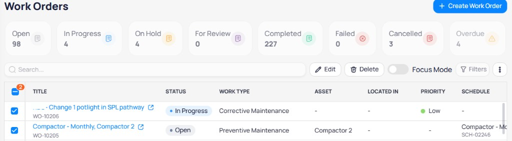 Work Orders list with rows selected and Edit and Delete buttons enabled in the toolbar