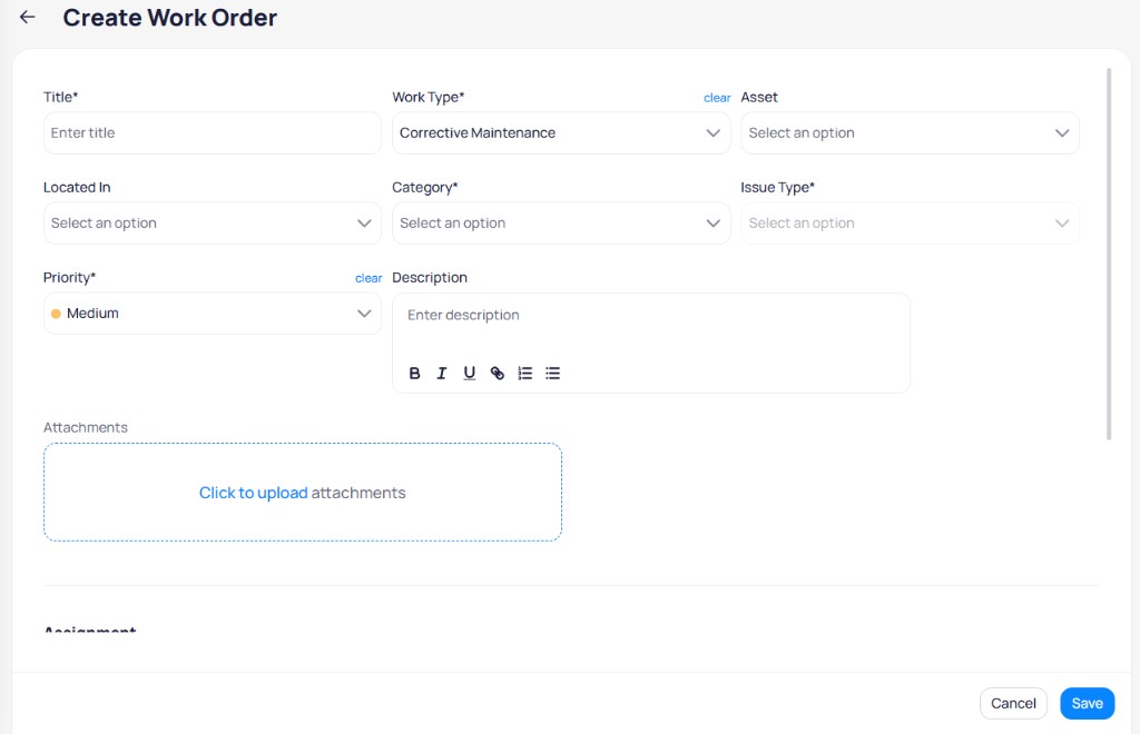 Create Work Order form with Title, Work Type, Asset, Located In, Category, Issue Type, Priority, Description, and Attachments upload