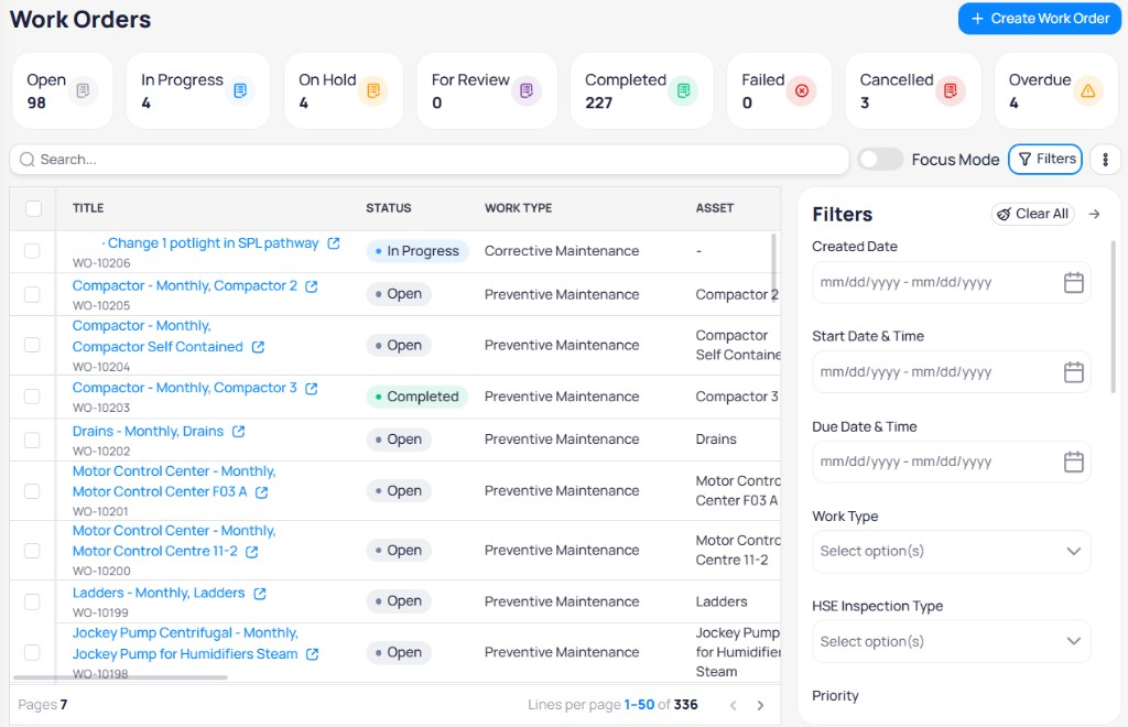 Work Orders filters sidebar with Created Date, Start Date and Time, Due Date and Time, Work Type, Inspection Type, and Priority fields