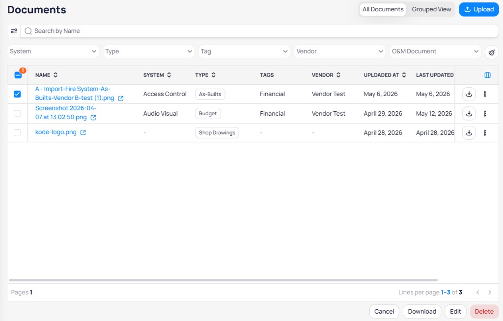 Building Documents All Documents view with System Type Tag Vendor and O&M Document filters and columns Name System Type Tags Vendor Uploaded At Last Updated