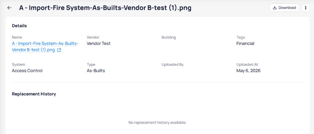 Document detail page showing Name Vendor Building Tags System Type Uploaded At fields and Replacement History section