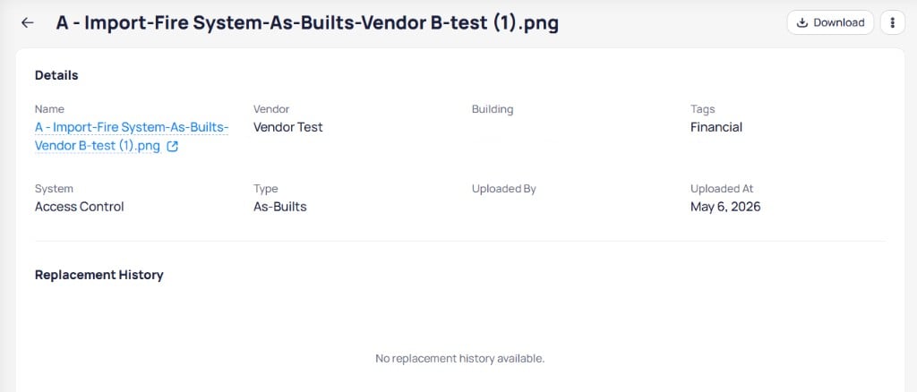 Document detail page showing Name Vendor Building Tags System Type Uploaded At fields and Replacement History section