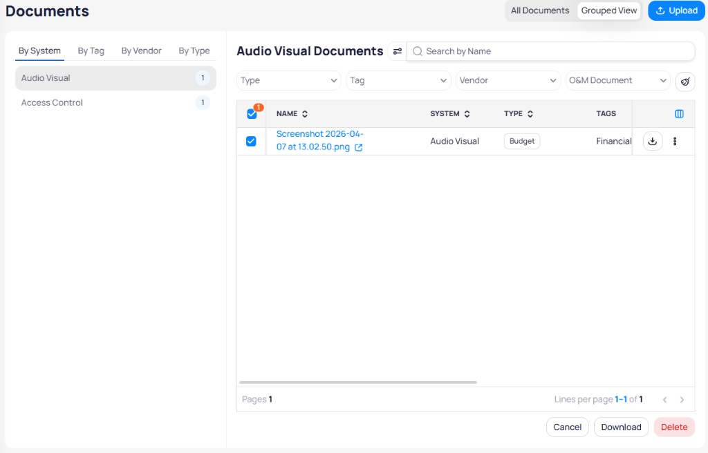 Documents Grouped View By System tab with Audio Visual selected showing document table with Name System Type and Tags columns