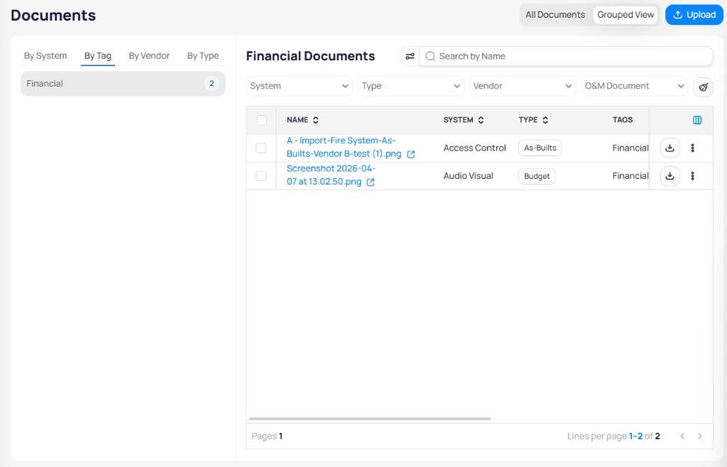 Documents Grouped View By Tag tab with Financial selected showing two documents with System and Type columns