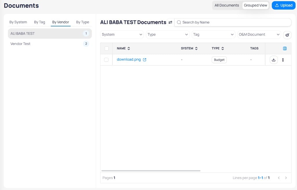 Documents Grouped View By Vendor tab with ALI BABA TEST selected showing vendor documents table