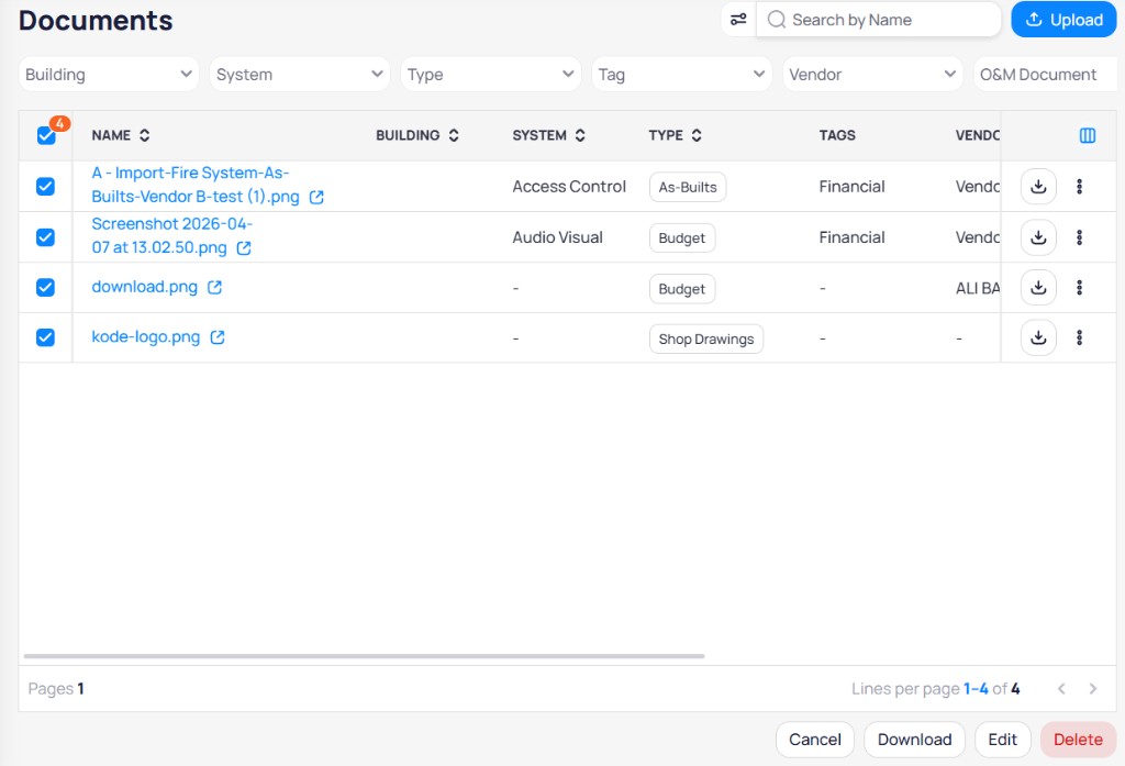 Portfolio Documents All Documents view with Building System Type Tag and Vendor filters and table columns including Building