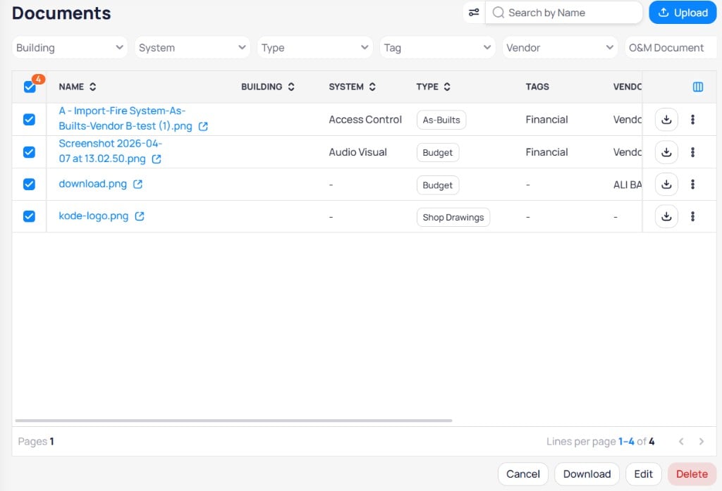 Portfolio Documents All Documents view with Building System Type Tag and Vendor filters and table columns including Building