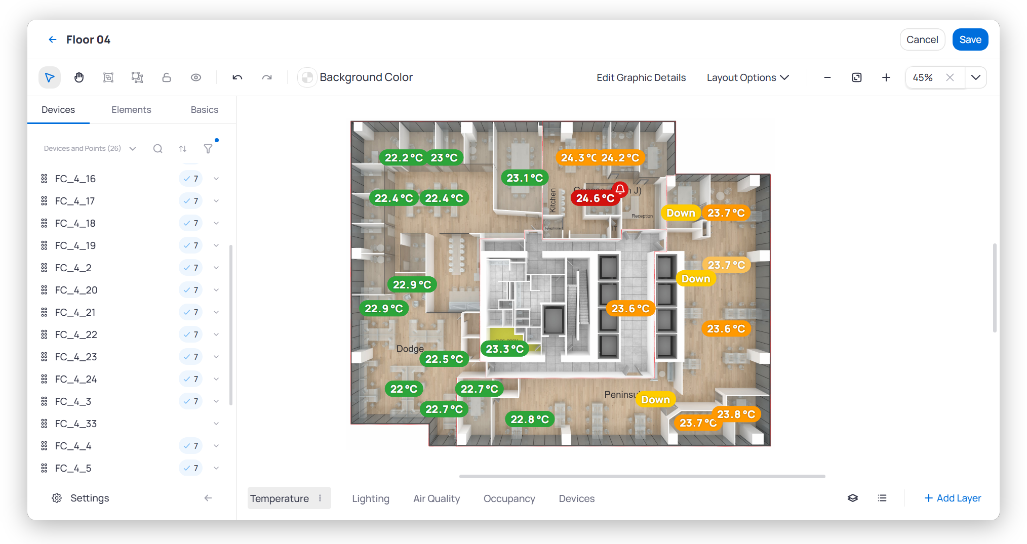 Graphic Tool workspace showing the Devices tab with FC_4 devices on the left and a Floor 04 plan with color-coded temperature markers on the right