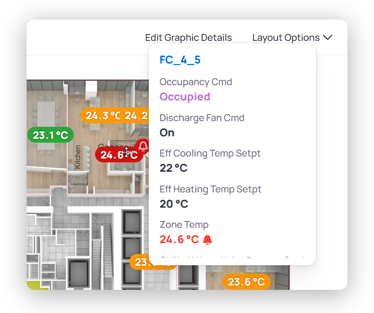 Floor plan smart marker for FC_4_5 showing Occupancy command Occupied, Discharge Fan command On, cooling and heating setpoints, and Zone Temp 24.6 degrees Celsius with an alarm