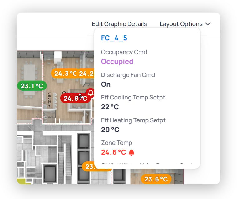 Floor plan smart marker for FC_4_5 showing Occupancy command Occupied, Discharge Fan command On, cooling and heating setpoints, and Zone Temp 24.6 degrees Celsius with an alarm