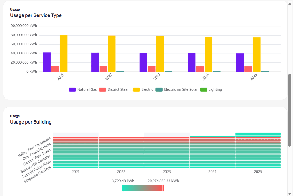 Annual Usage per Service Type grouped bar chart by year 2021 to 2025 with Electric Natural Gas and District Steam legend, and Usage per Building heatmap with buildings on the left and years on the x-axis with teal to red color scale
