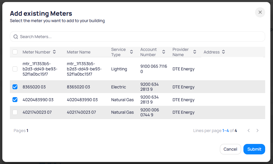 Add existing Meters modal with subtitle Select the meter you want to add to your building, Search Meters field, and a table with Meter Number Meter Name Service Type Account Number Provider Name and Address columns showing Electric and Natural Gas meters from DTE Energy checked with Submit button