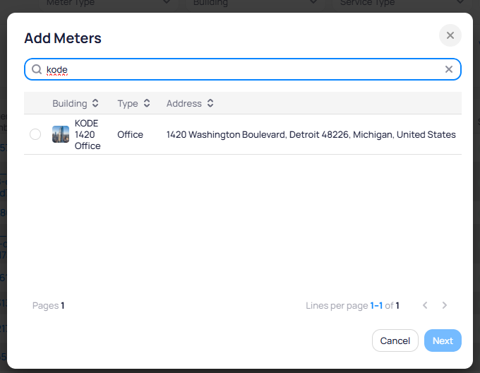 Add Meters modal with Search field containing kode, a table with Building Type and Address columns showing KODE 1420 Office selected as Office at 1420 Washington Boulevard Detroit, and Cancel and Next buttons