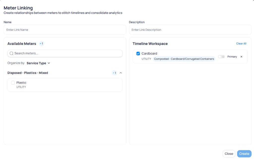 Meter Linking modal with Name and Description fields, Available Meters panel with Organize by Data Source and a scrollable meter list, empty Timeline Workspace with Drag Meters to Link instruction, and Close and Create buttons